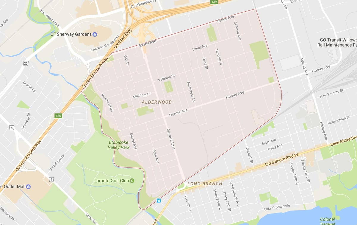 Mapa Alderwood Parkview okolí Toronto