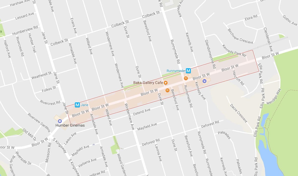 Mapa Bloor štvrti West Village Toronto