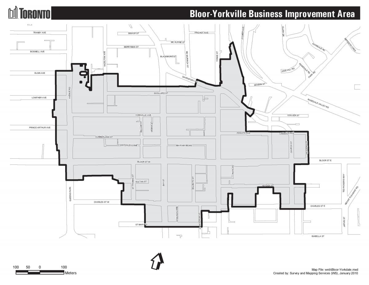 Mapa Bloor Yorkville Toronto hranici