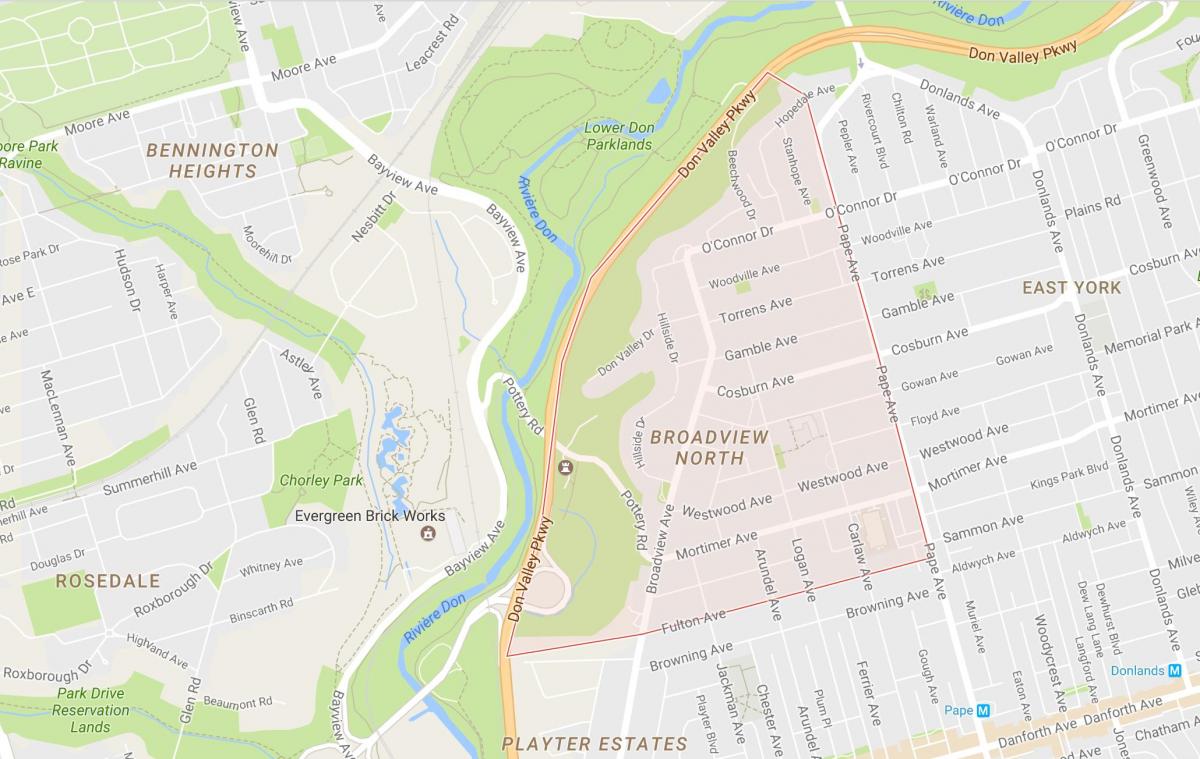 Mapa Broadview Severnej štvrti Toronto