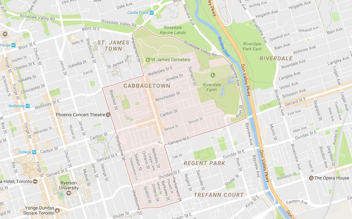 Mapa Cabbagetown okolí Toronto