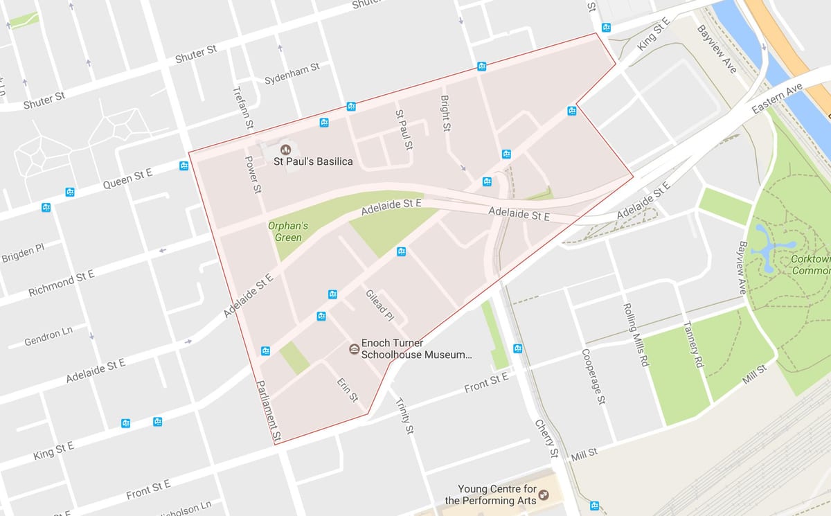 Mapa Corktown okolí Toronto