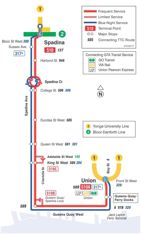 Mapa električka linky 510 Spadina