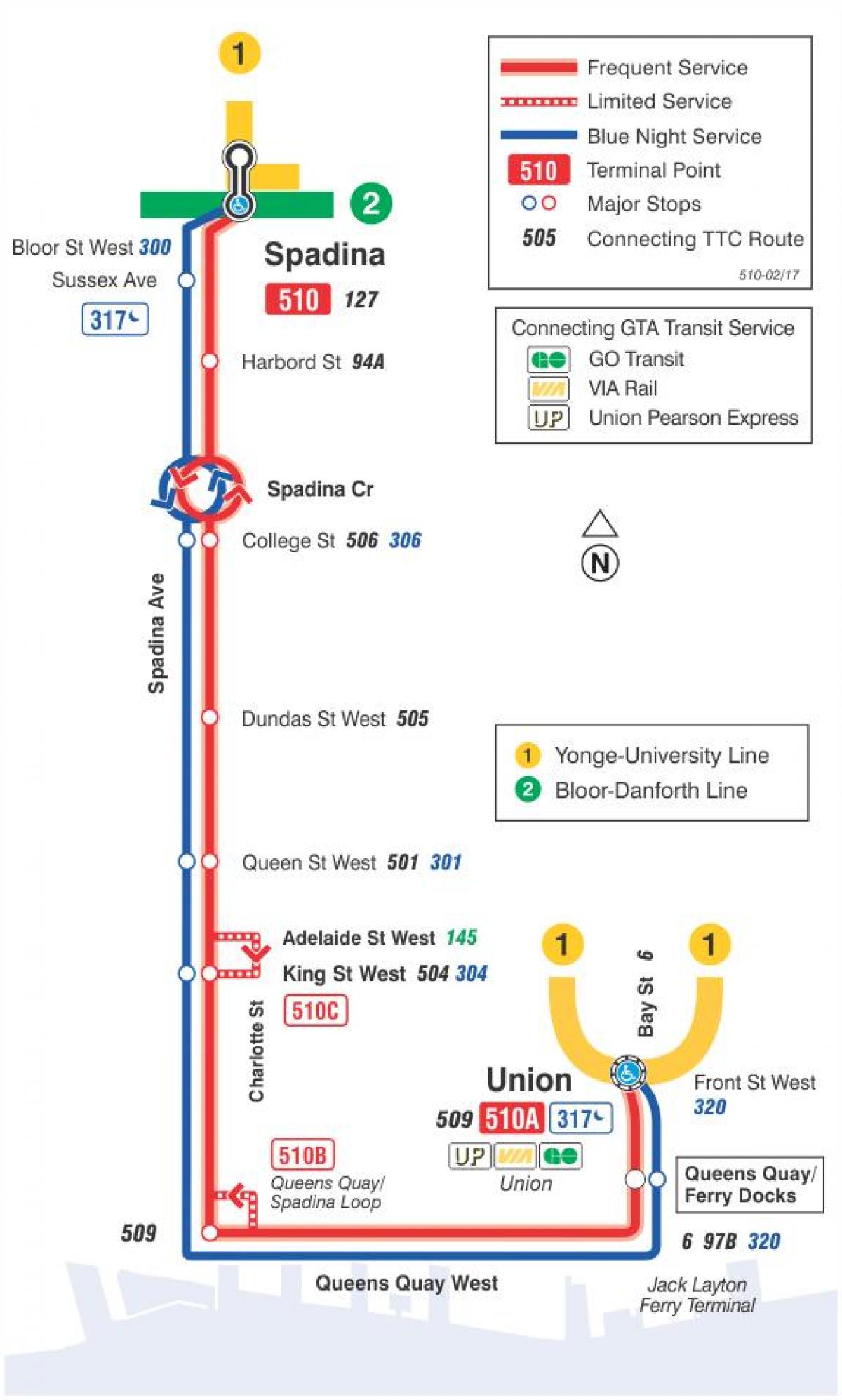 Mapa električka linky 510 Spadina