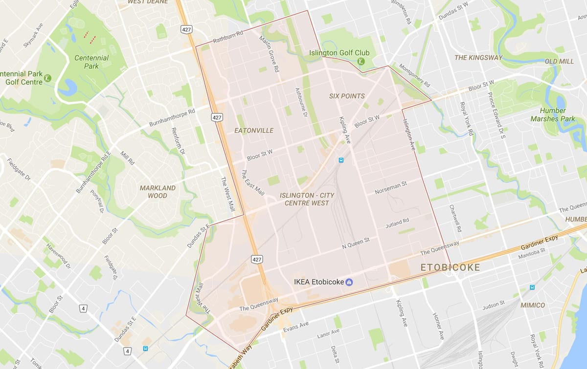 Mapa Islington-Centrum Mesta West okolí Toronto