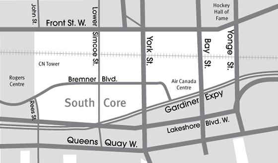 Mapa Južnej Core Toronto