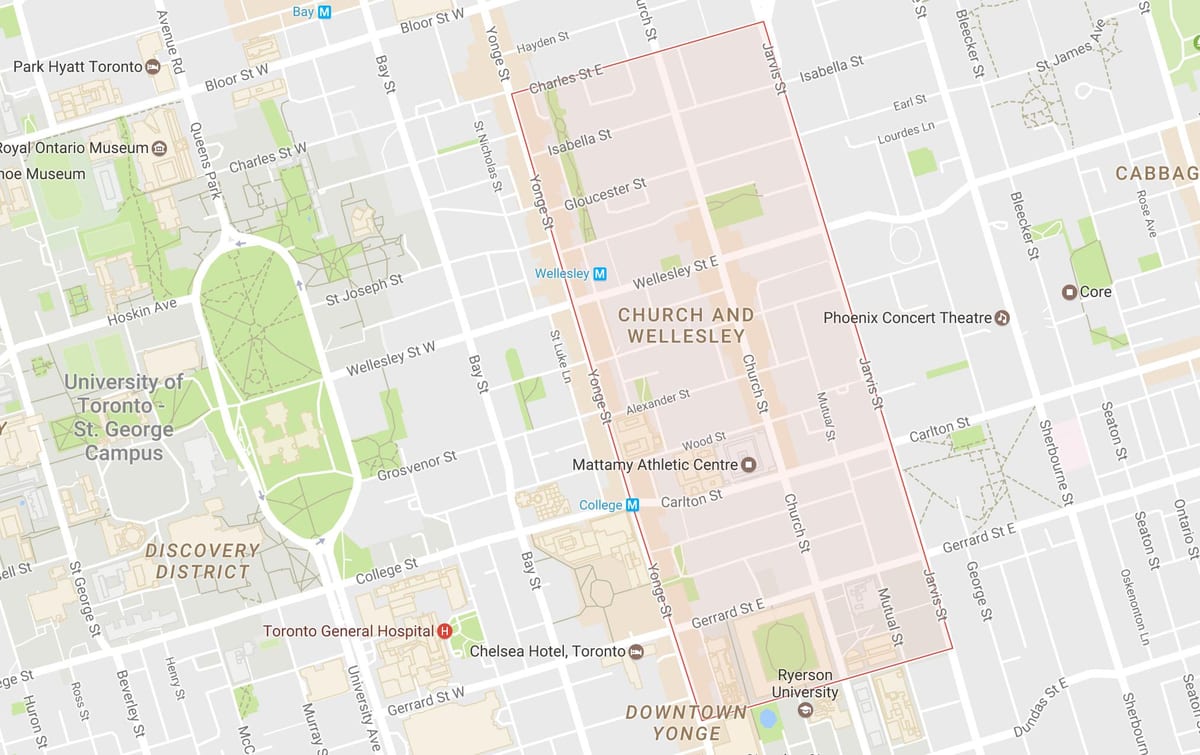 Mapa Cirkvi a Wellesley okolí Toronto