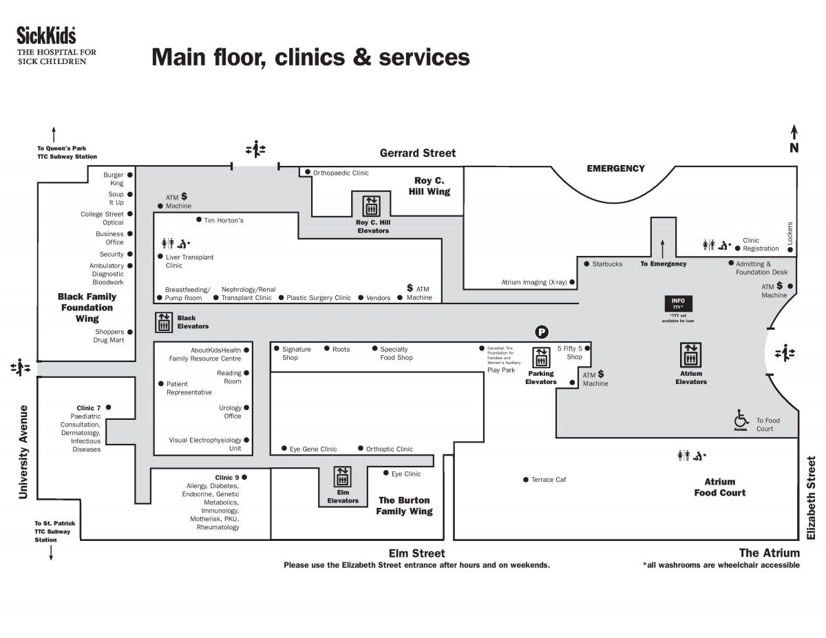 Mapa Nemocnice pre Choré Deti Toronto prízemie