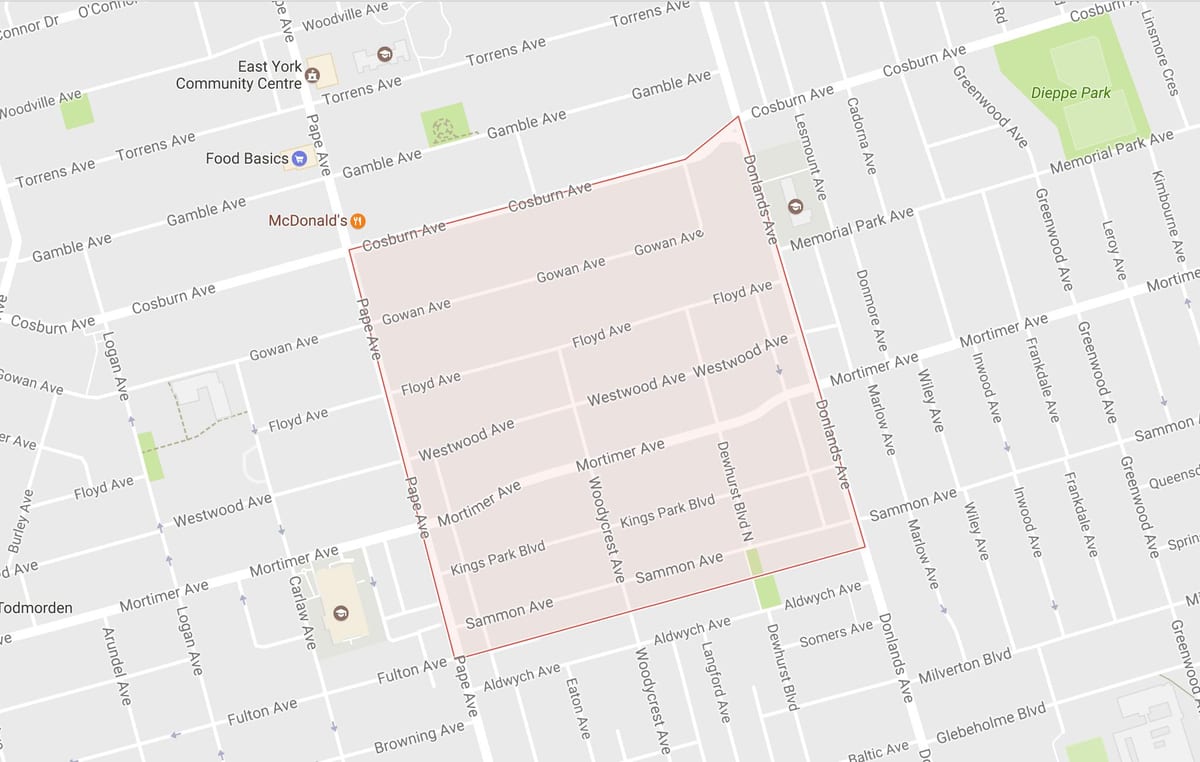 Mapa Pape Obce okolí Toronto