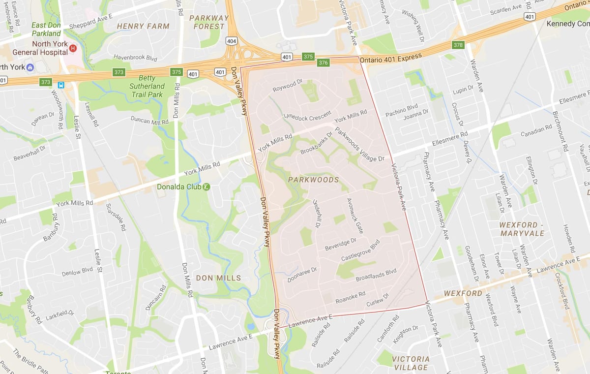 Mapa Parkwoods okolí Toronto