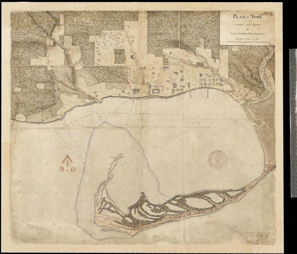 Mapa pozemkov Yorku Toronto je prvý centure 1787-1884