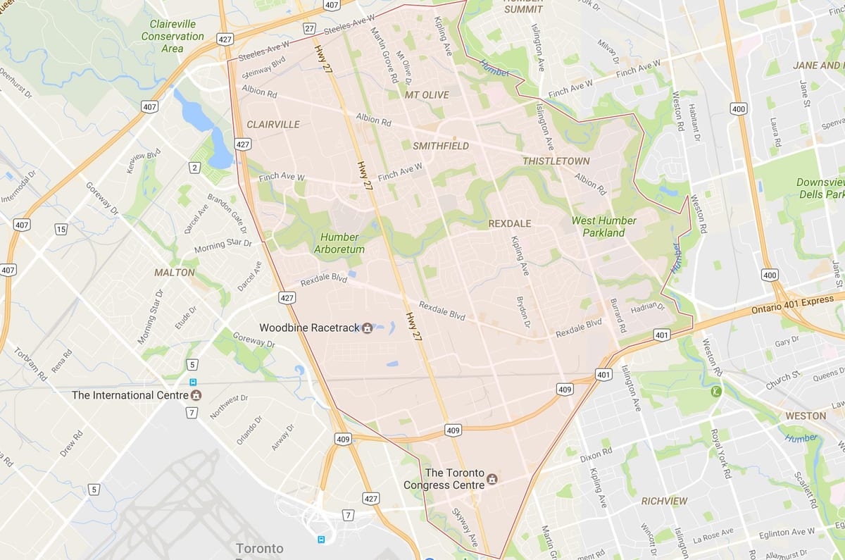 Mapa Rexdale okolí Toronto