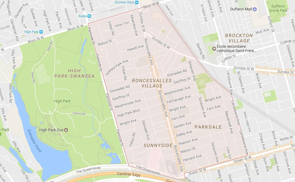 Mapa Roncesvalles okolí Toronto