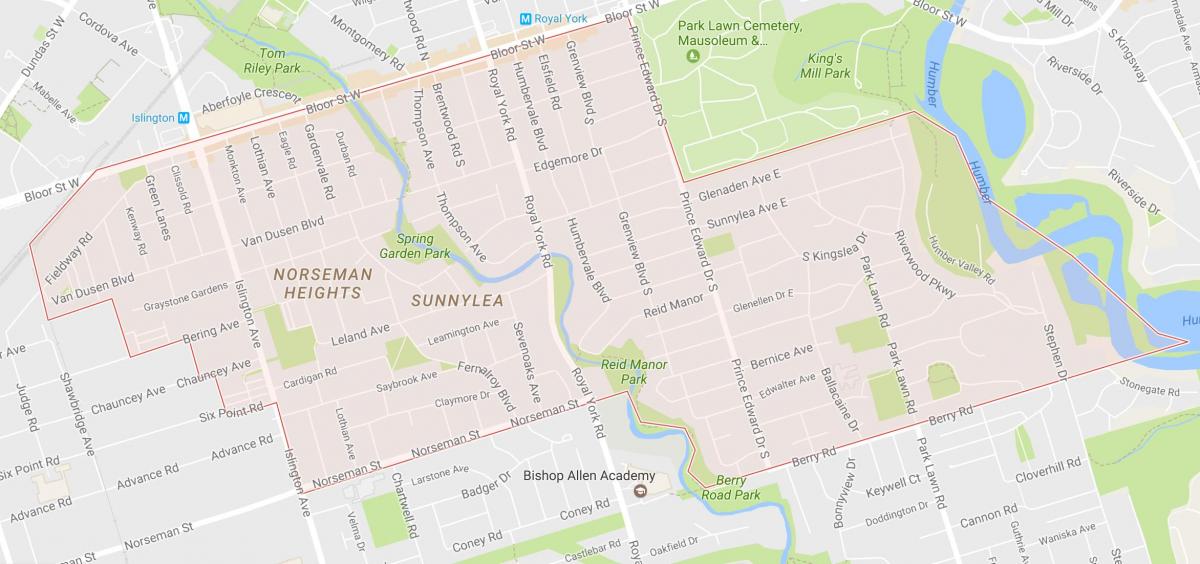 Mapa Sunnylea štvrti štvrti Toronto