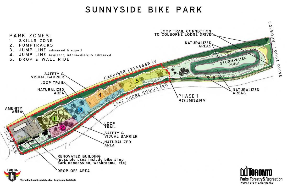 Mapa Sunnyside Bike Park zóny Toronto