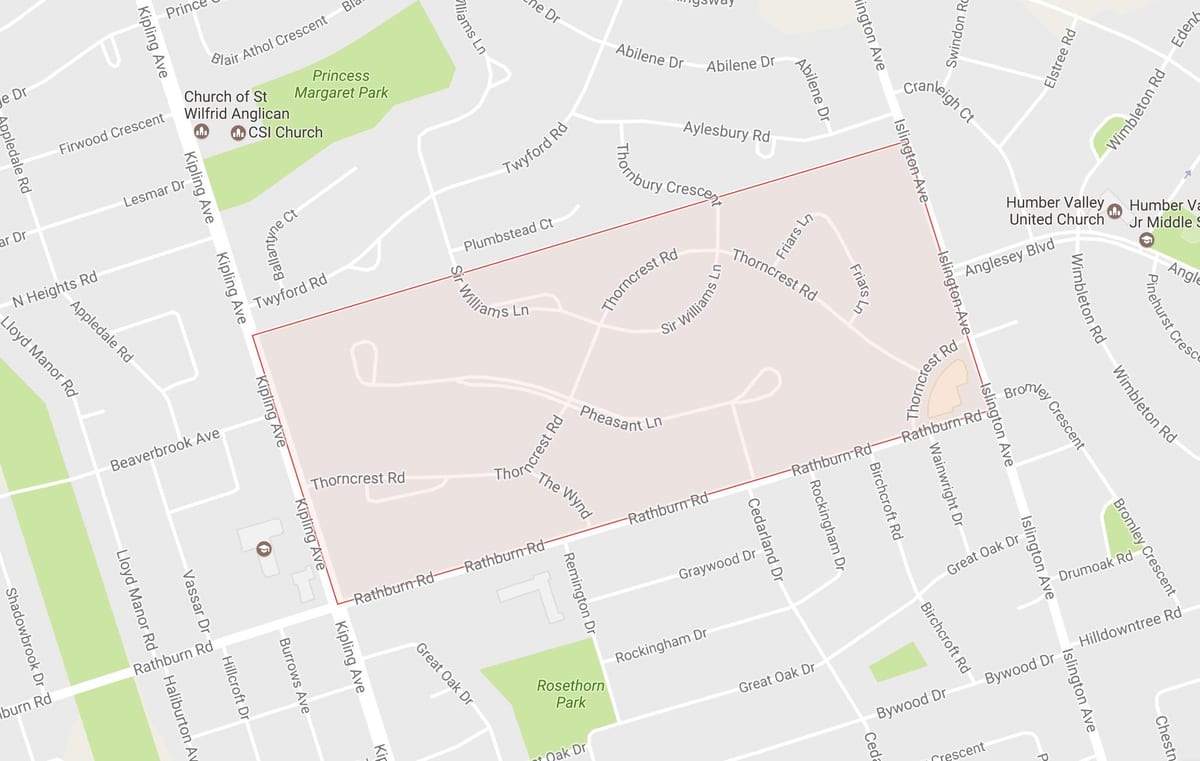 Mapa Thorncrest Obce štvrti štvrti Toronto