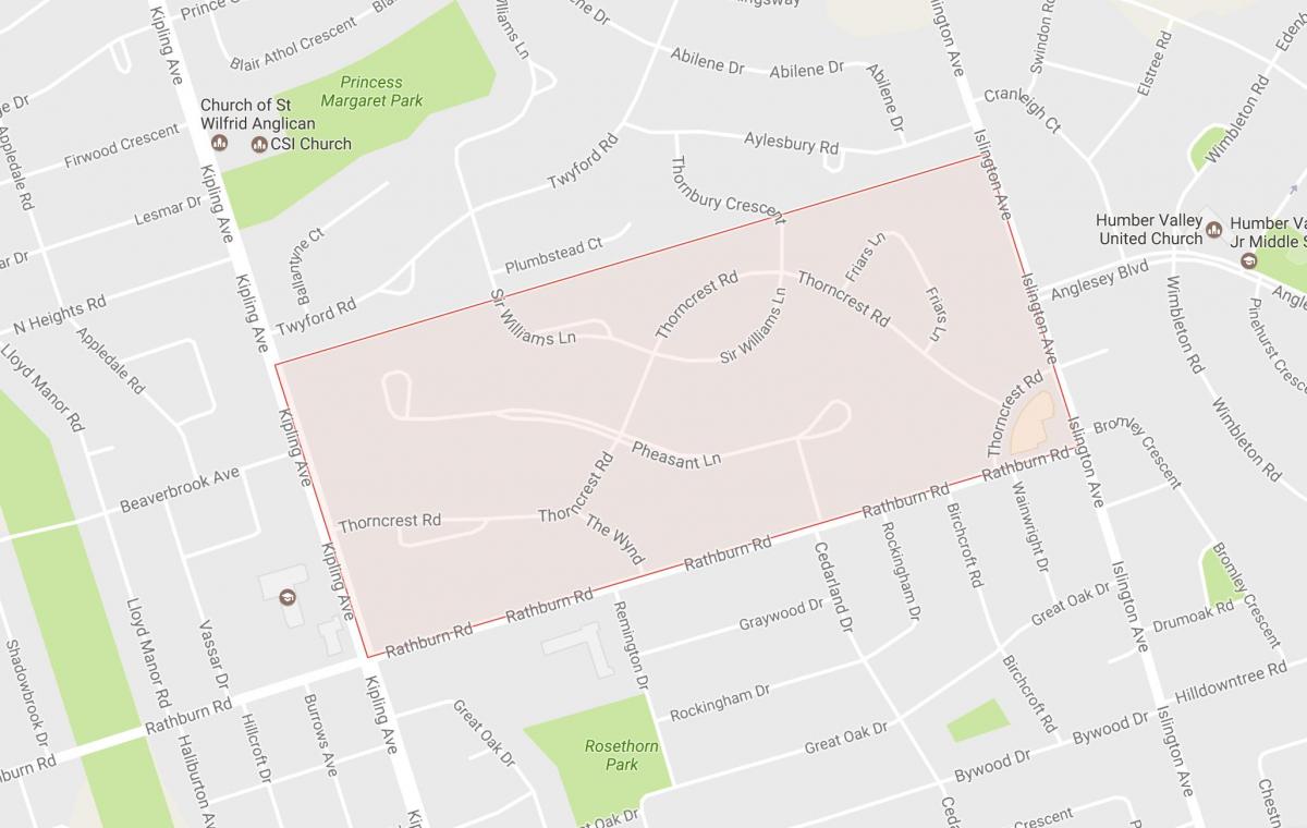 Mapa Thorncrest Obce štvrti štvrti Toronto