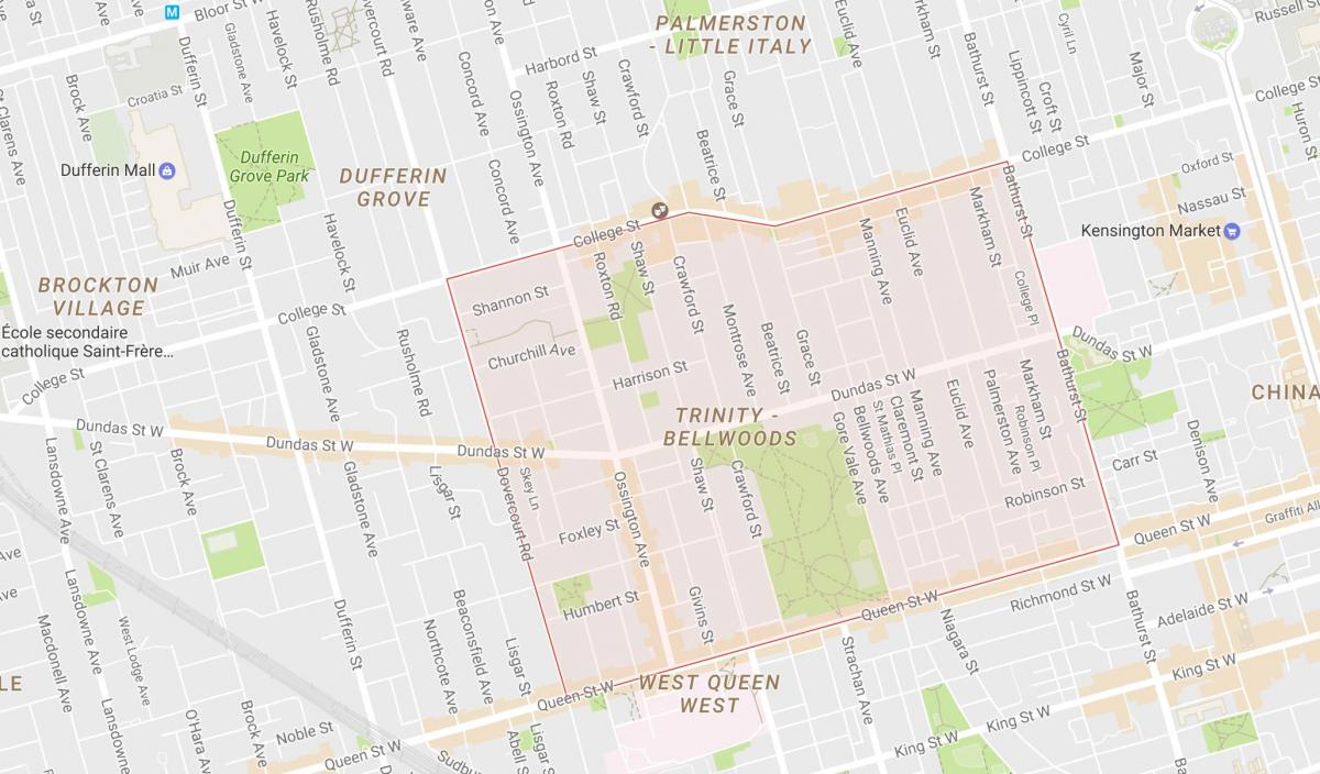 Mapa Trojice–Bellwoods okolí Toronto
