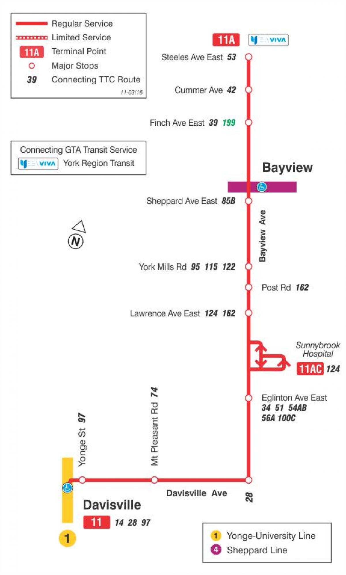 Mapa TTC 11 Bayview autobusová zastávka Toronto