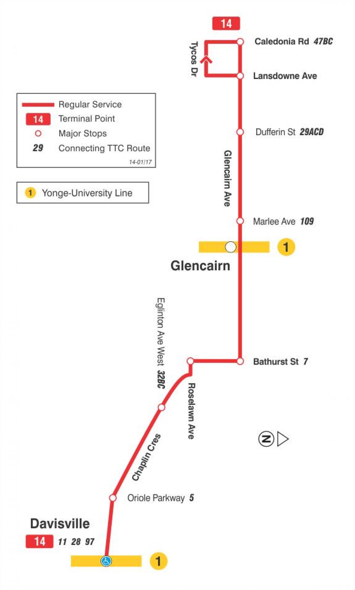 Mapa TTC 14 Glencairn autobusová zastávka Toronto