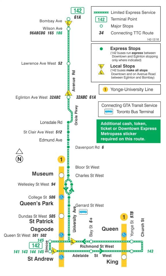 Mapa TTC 142 Downtown / Avenue Rd Express autobusová zastávka Toronto