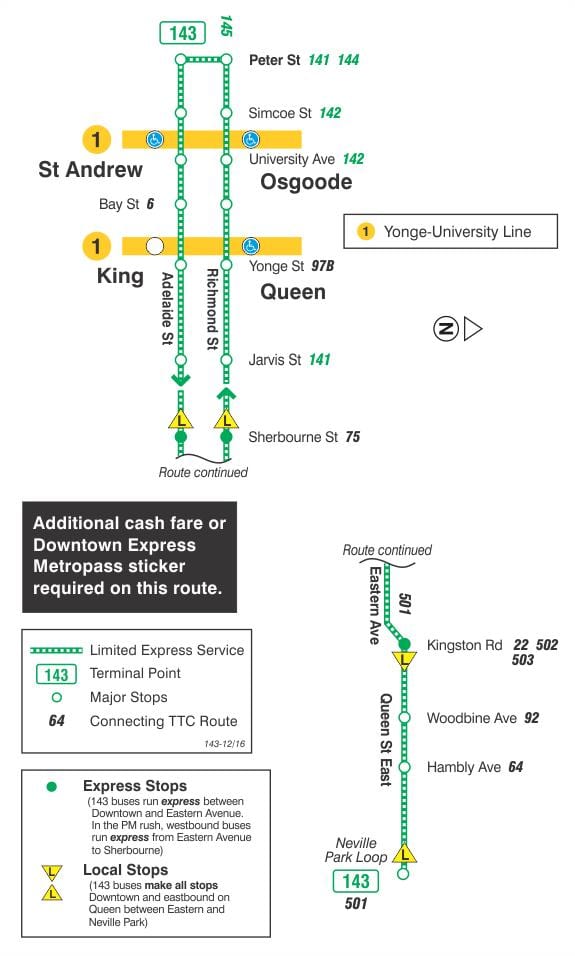 Mapa TTC 143 Downtown / Pláži Express autobusová zastávka Toronto