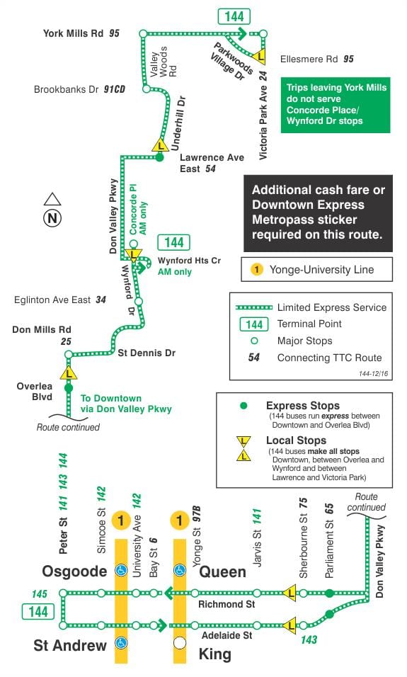 Mapa TTC 144 Downtown / Don Valley Express autobusová zastávka Toronto