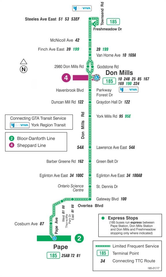 Mapa TTC 185 Don Mills Rakety, autobusová zastávka Toronto