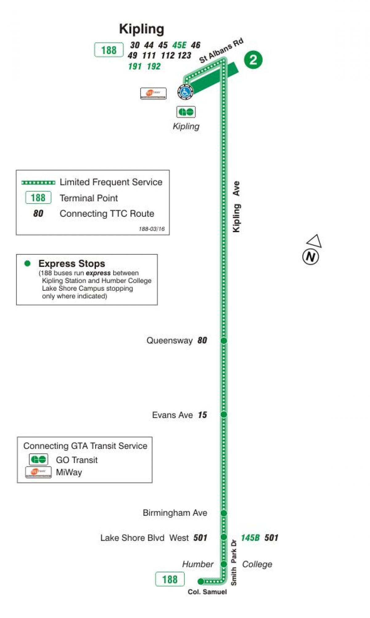 Mapa TTC 188 Kipling Južnej Rakety, autobusová zastávka Toronto