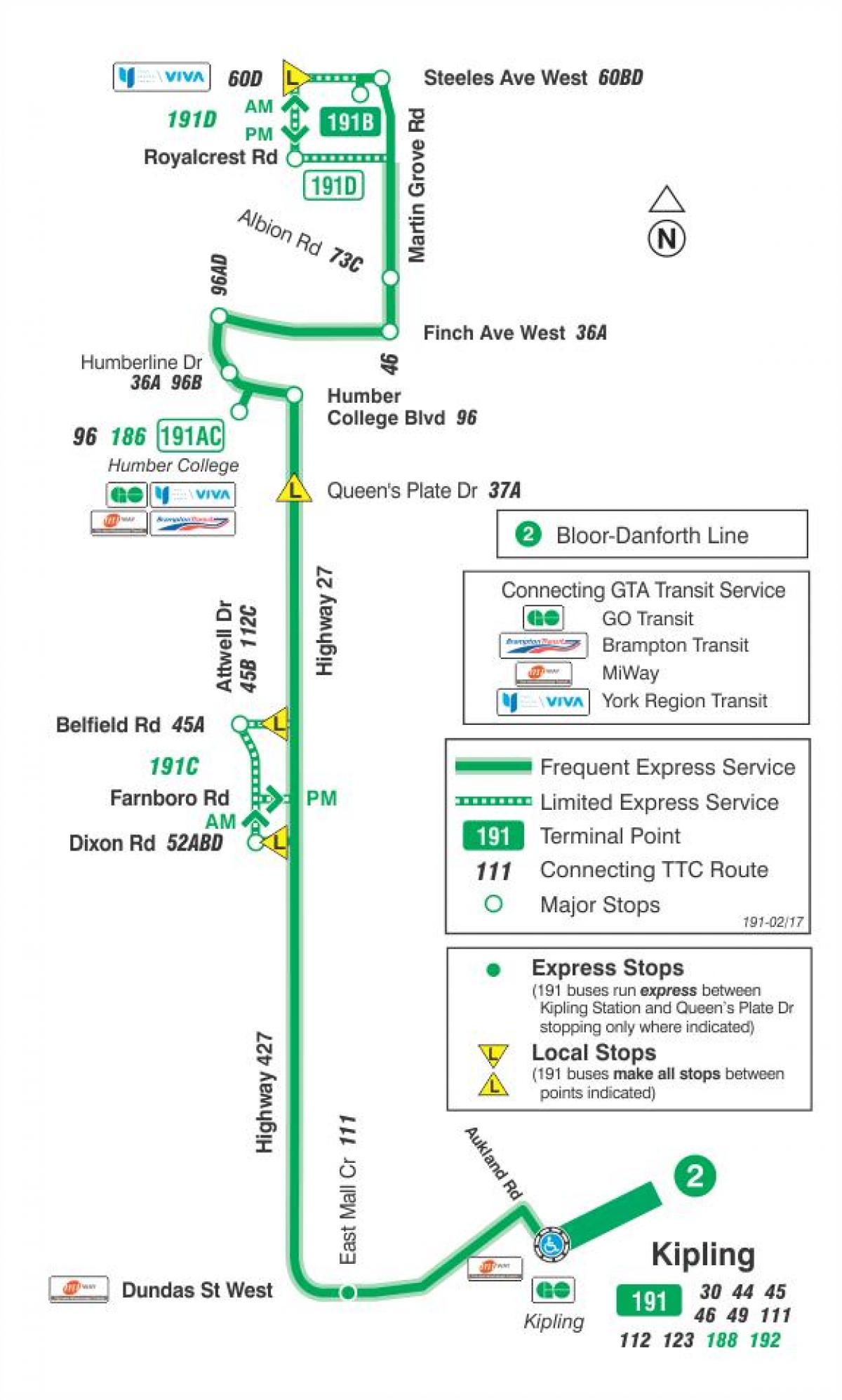 Mapa TTC 191 Highway 27 Rakety, autobusová zastávka Toronto