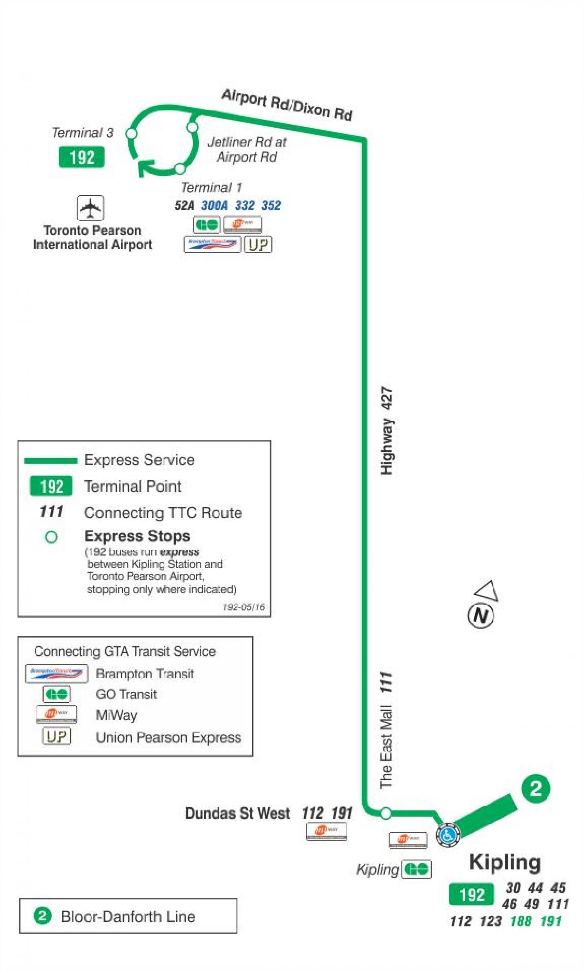 Mapa TTC 192 Letisko Rakety, autobusová zastávka Toronto
