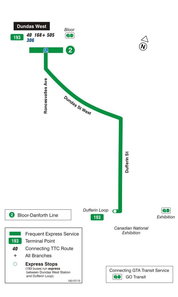 Mapa TTC 193 Výstava Rakety, autobusová zastávka Toronto