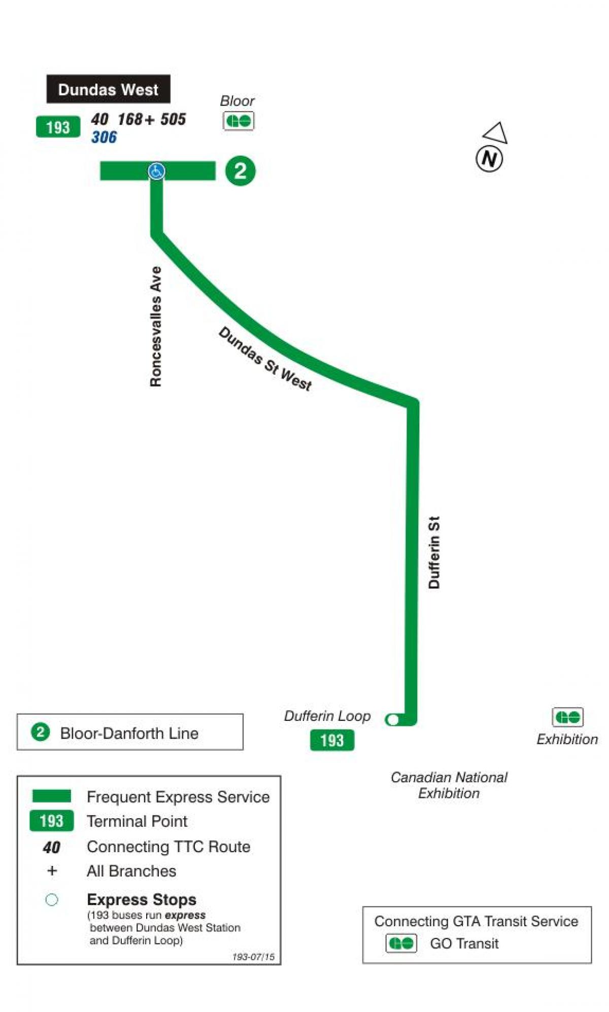 Mapa TTC 193 Výstava Rakety, autobusová zastávka Toronto