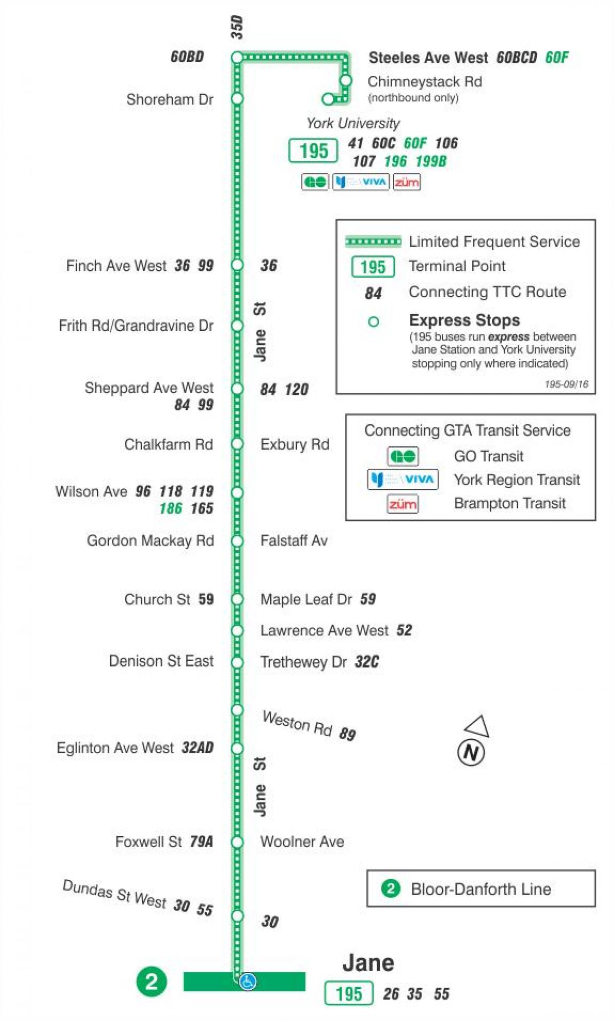 Mapa TTC 195 Jane Rakety, autobusová zastávka Toronto