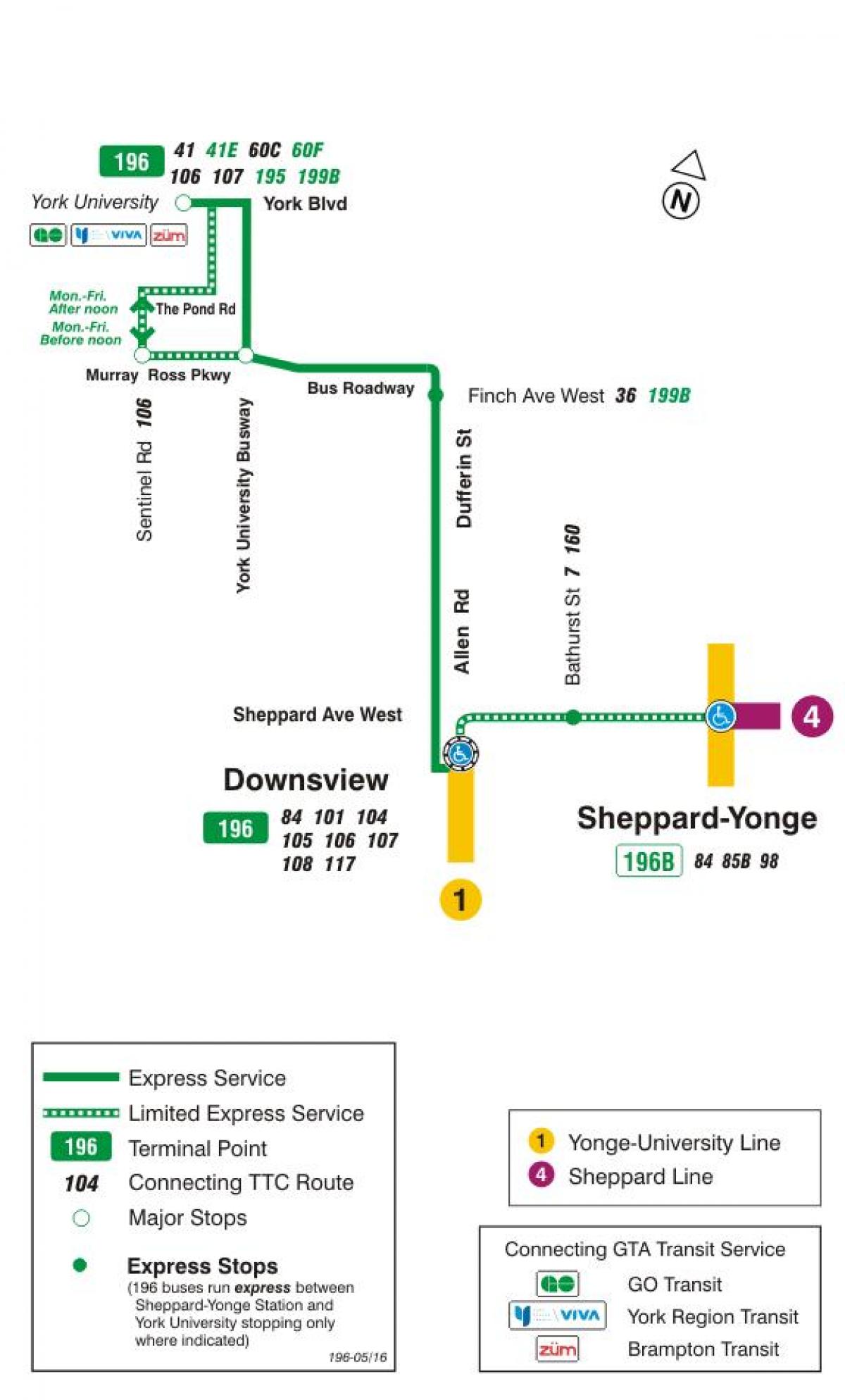 Mapa TTC 196 York University Rakety, autobusová zastávka Toronto