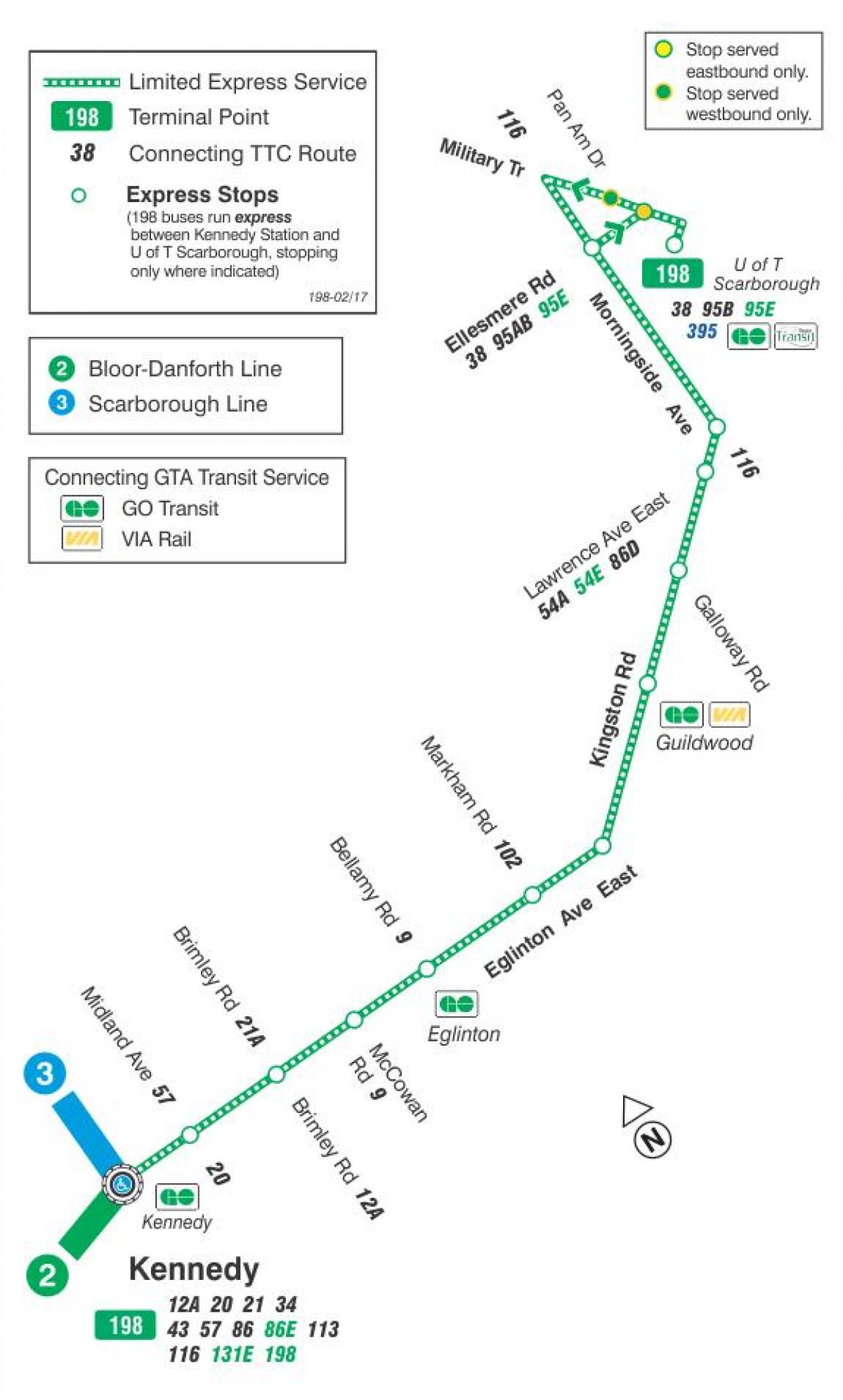 Mapa TTC 198 U T Scarborough Rakety, autobusová zastávka Toronto
