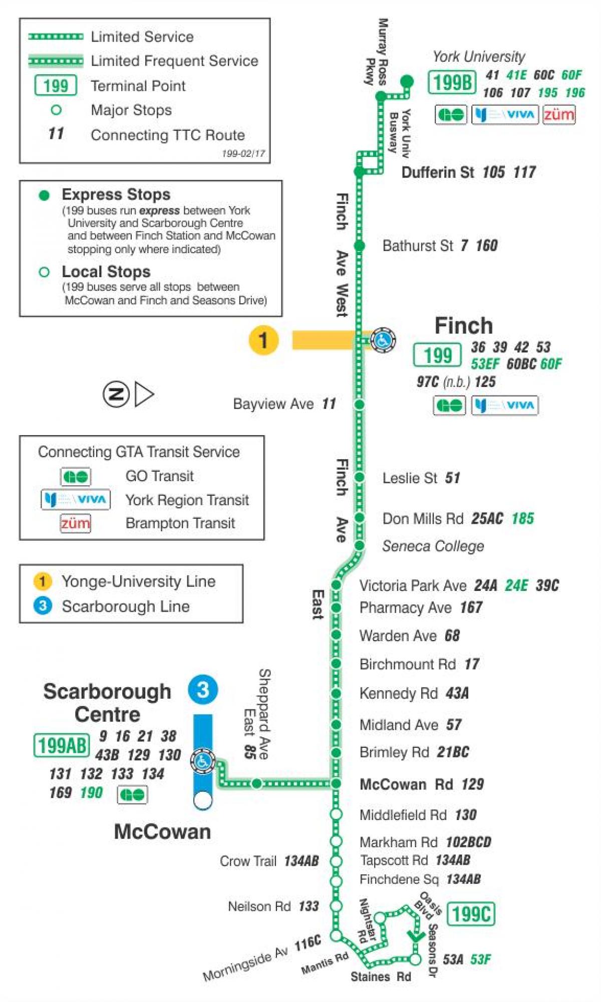 Mapa TTC 199 Finch Rakety, autobusová zastávka Toronto
