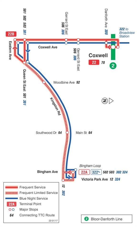 Mapa TTC 22 Coxwell autobusová zastávka Toronto