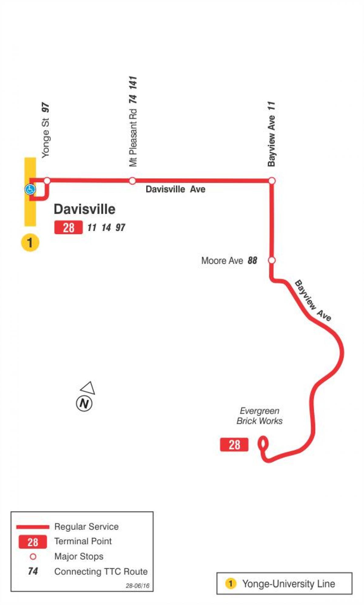 Mapa TTC 28 Bayview Južnej autobusová zastávka Toronto
