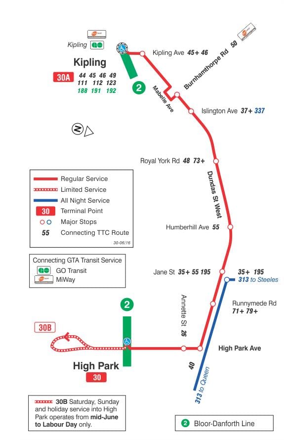 Mapa TTC 30 Lambton autobusová zastávka Toronto