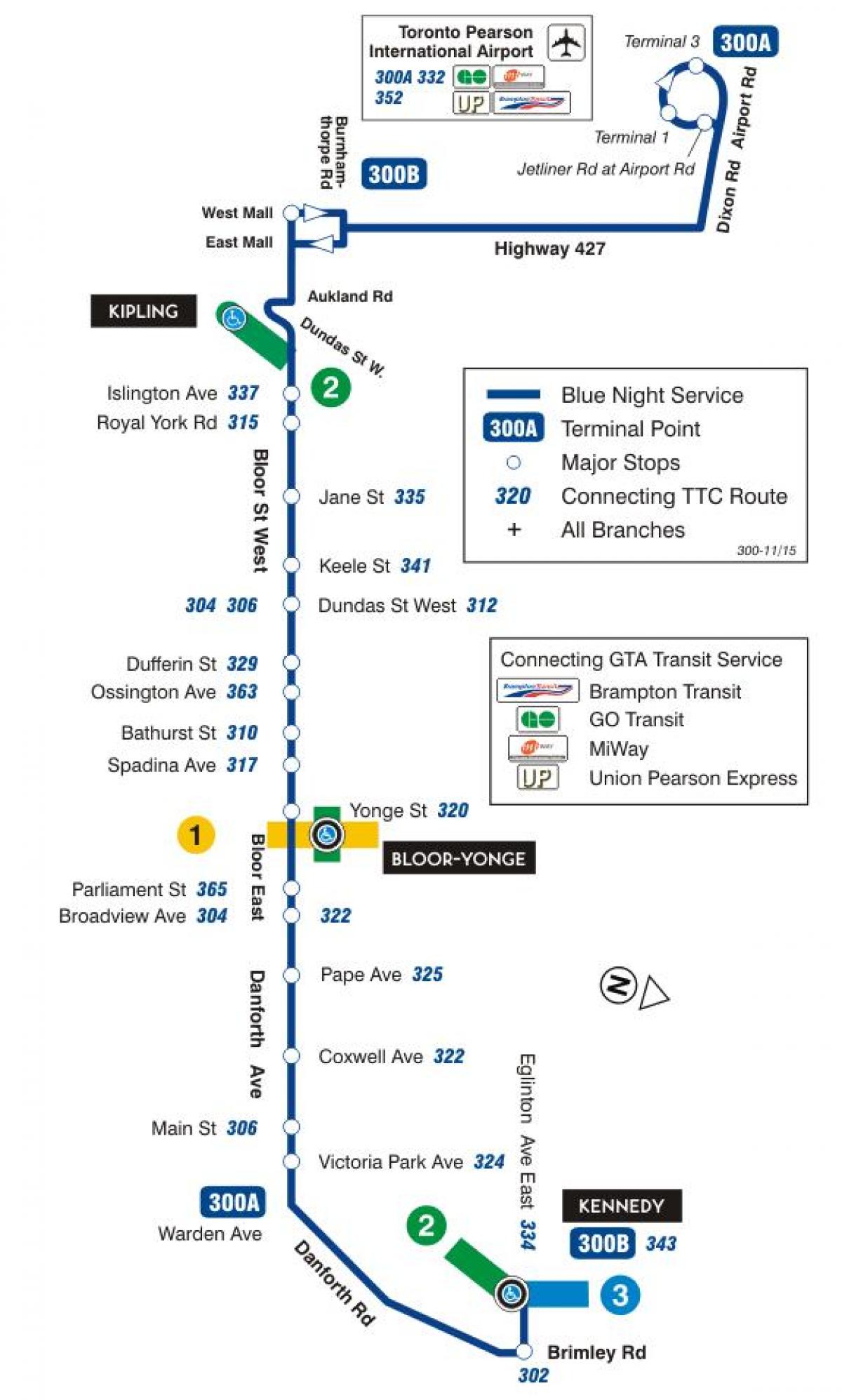 Mapa TTC 300A Bloor-Danforth autobusová zastávka Toronto