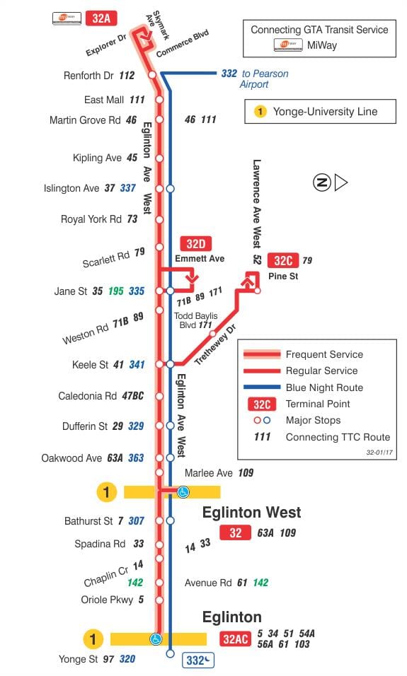 Mapa TTC 32 Eglinton West autobusová zastávka Toronto