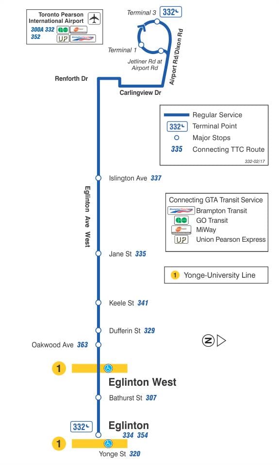 Mapa TTC 332 Eglinton West autobusová zastávka Toronto