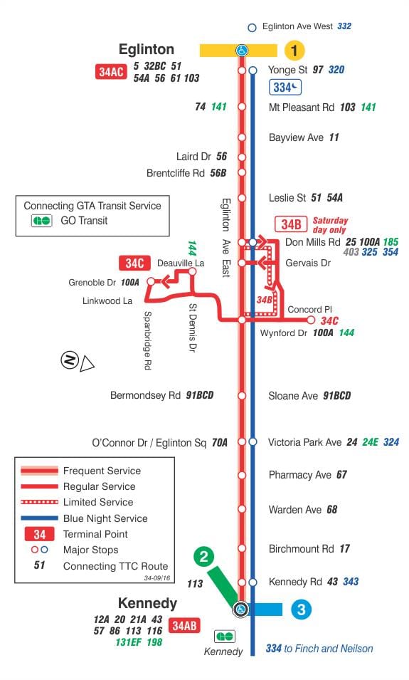 Mapa TTC 34 Eglinton Východ autobusová zastávka Toronto