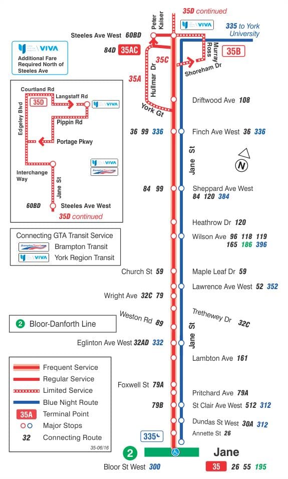 Mapa TTC 35 Jane autobusová zastávka Toronto
