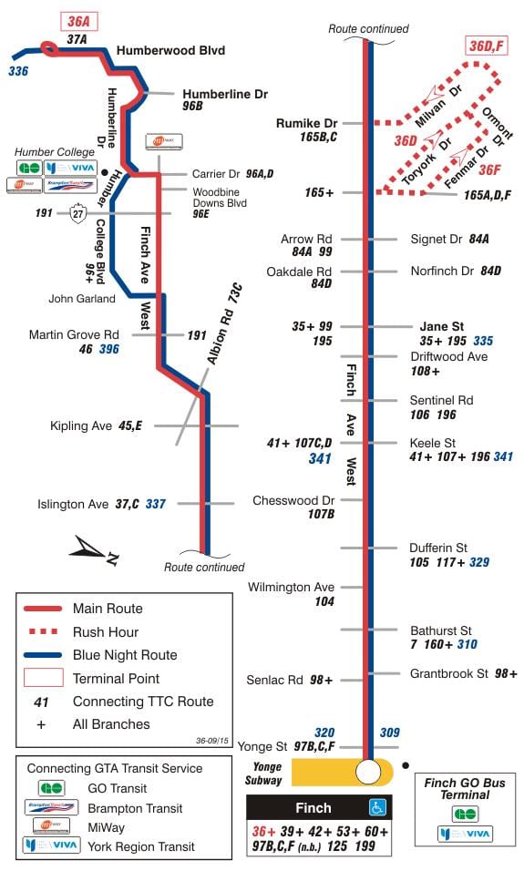 Mapa TTC 36 Finch Západ autobusová zastávka Toronto