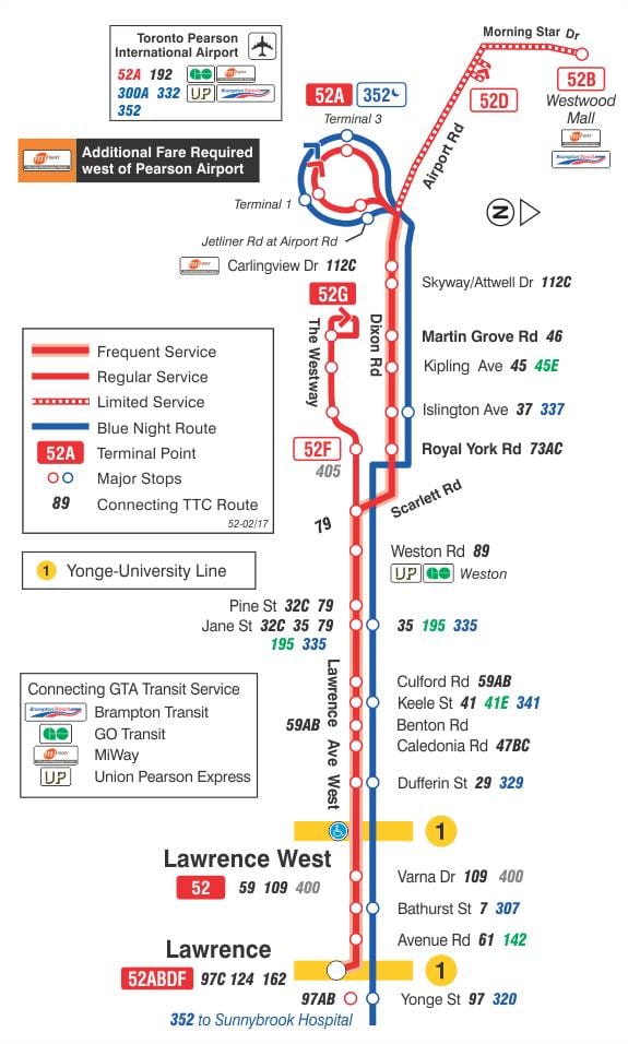 Mapa TTC 52 Lawrence Západ autobusová zastávka Toronto