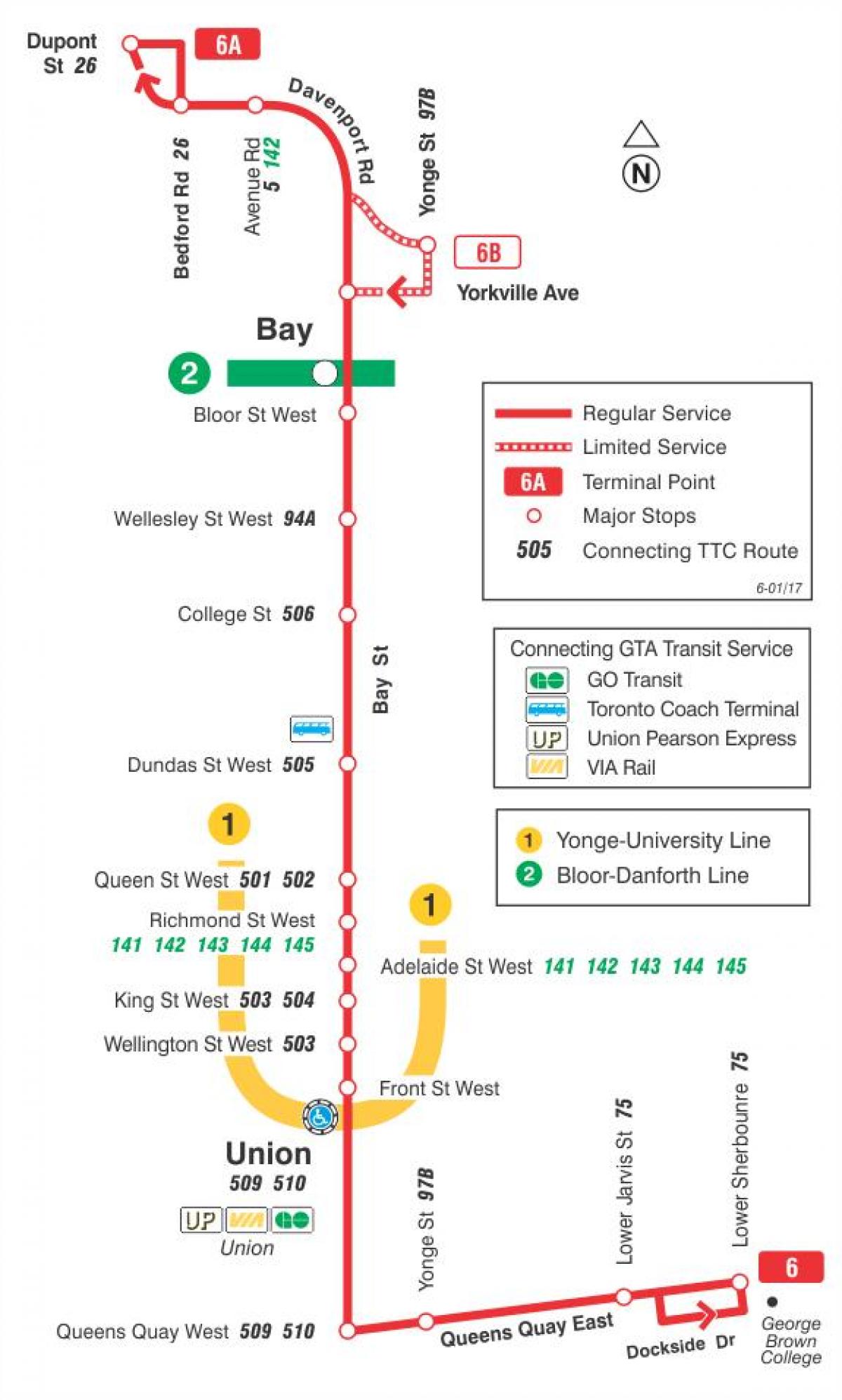 Mapa TTC 6 Bay autobusová zastávka Toronto