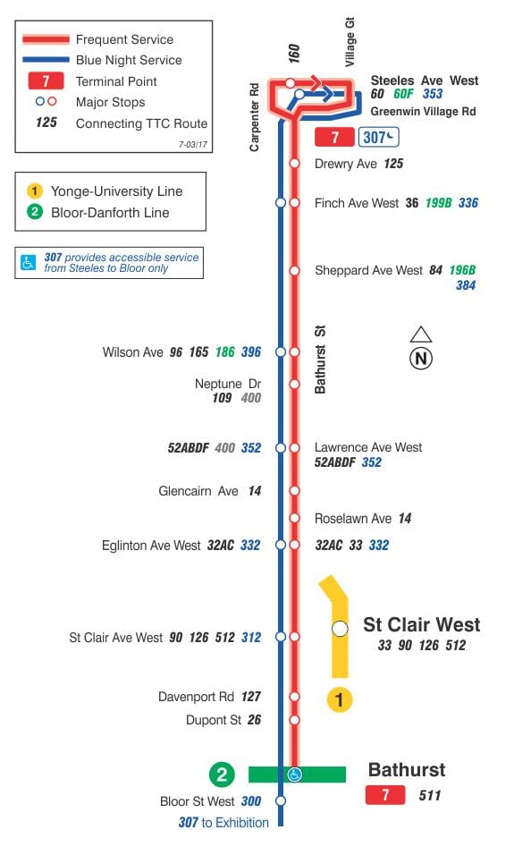 Mapa TTC 7 Bathurst autobusová zastávka Toronto