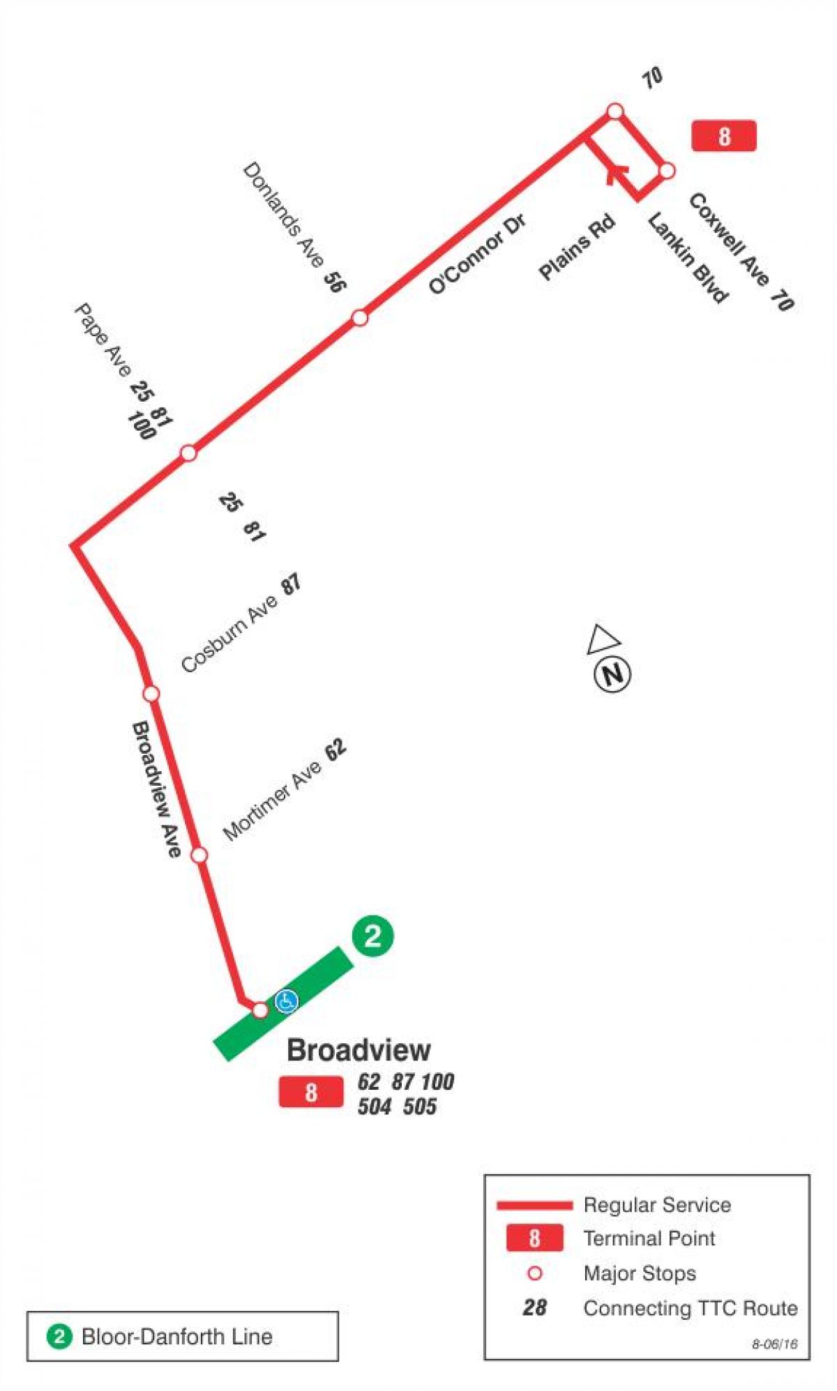 Mapa TTC 8 Broadview autobusová zastávka Toronto